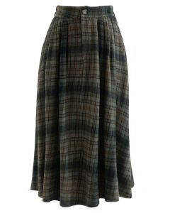 Soft Check Side Pocket Midi Skirt in Moss Green