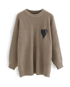 Heart Patch Knit Sweater Dress in Olive