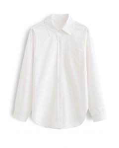 Button Down Dolphin Hem Cotton Shirt in White