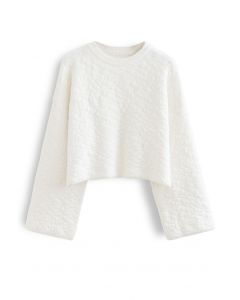Embossing Texture Flare Sleeve Crop Knit Sweater in White