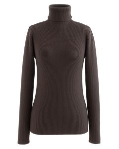 Turtleneck Long Sleeve Ribbed Knit Top in Brown