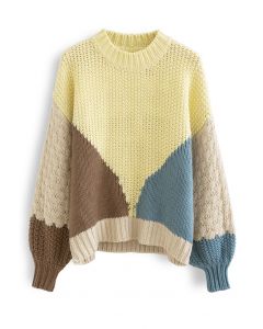 Color Block Hand-Knit Chunky Sweater in Yellow
