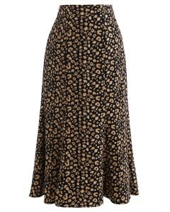 Leopard Printed Flare Hem Velvet Midi Skirt