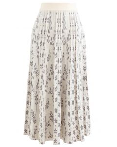 Floret Pleated Knit Midi Skirt in Ivory