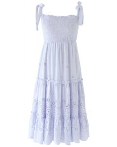 Shoulder Tie Shirred Embroidered Ruffle Dress in Lilac