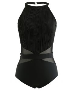 Pintuck Decor Mesh Spliced Swimsuit in Black