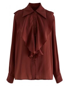 Side Vent Button Down Ruffle Shirt in Rust Red