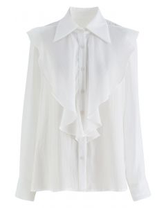 Side Vent Button Down Ruffle Shirt in White