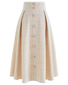 Plaid Tweed Button Trim Pleated Midi Skirt in Apricot