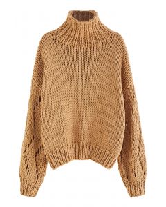 Pointelle Sleeve High Neck Hand-Knit Sweater in Tan
