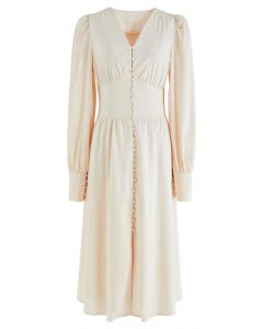 Puff Sleeves Button Up Satin Midi Dress in Cream