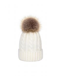 Braid Knit Pom-Pom Beanie Hat in Ivory