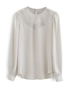 Beyond Gorgeous Pearl Neck Satin Top in Sand