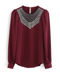 Beyond Gorgeous Pearl Neck Satin Top in Burgundy