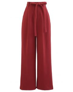 Wool-Blend Straight Leg Belted Pants in Red