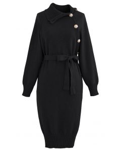 Buttoned Side Flap Collar Knit Midi Dress in Black
