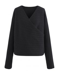 Long Sleeve V-Neck Wrapped Sweater in Black