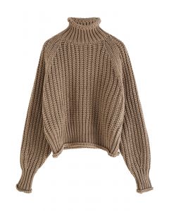 High Neck Chunky Knit Sweater in Brown