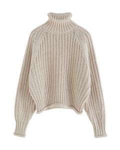 High Neck Chunky Knit Sweater in Light Tan