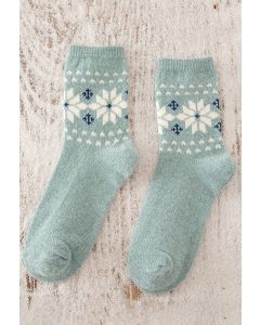 Snowflake Pattern Crew Socks in Turquoise