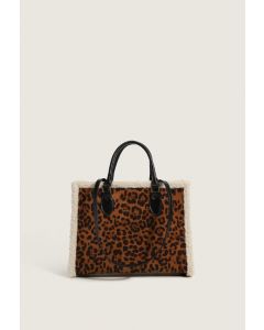 Lambswool Trim Faux Leather Tote Bag in Leopard