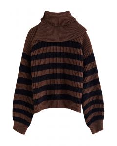 Detachable Scarf Striped Knit Sweater in Brown