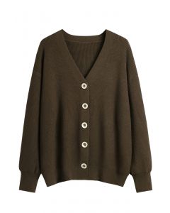 Button Front V-Neck Knit Cardigan in Brown