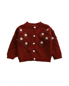 Kid's Floral Dotted Diamond Knit Cardigan in Burgundy