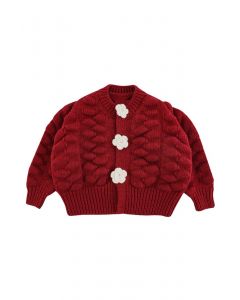 Kids Flowers Button Down Embossed Bubble Sleeves Cardigan in Red