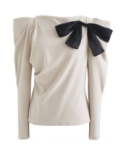 Mesh Bowknot Bubble Sleeve Top in Sand