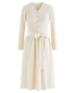 V-Neck Bowknot Waist Buttoned Knit Dress in Cream