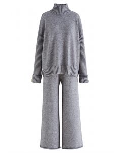 High Neck Buttoned Cuff Sweater and Knit Pants Set in Grey