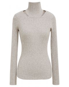 Cutout High Neck Rib Knit Top in Linen
