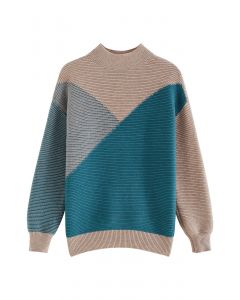 Mock Neck Color Blocked Knit Sweater in Turquoise