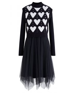 Hearts Tulle Mesh Ribbed Knit Twinset Dress in Black