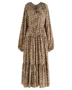 V-Neck Zebra Print Midi Dress in Brown