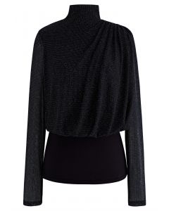 Gleam High Neck Spliced Ruched Top in Black