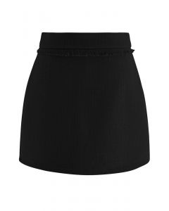 Fringe Trim Tweed Mini Bud Skirt in Black