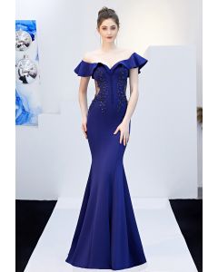 Ruffled Off-Shoulder Embroidery Mermaid Gown in Navy