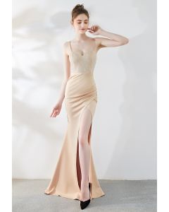 Crystal Embellished High Slit Satin Gown in Apricot
