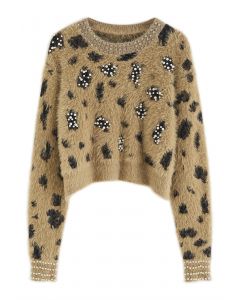 Pearly Leopard Fuzzy Knit Crop Sweater in Khaki
