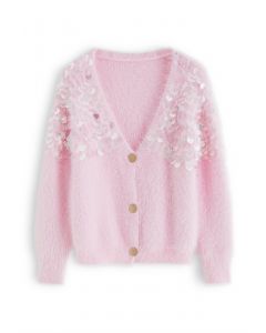 Fluffy V-Neck Sequins Buttoned Crop Cardigan in Pink