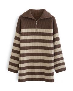 Zipper Neck Striped Knit Sweater in Brown