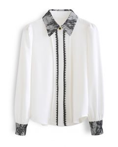 Lace and Sequin Embellished Button Down Shirt in White
