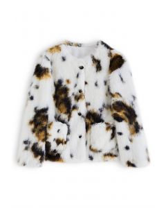 Collarless Leopard Print Faux Fur Coat