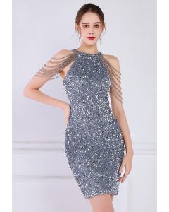 Sequins Halter Neck with Beads Cocktail Dress in Grey