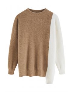 Bicolor Asymmetric Hem Fuzzy Knit Sweater in Camel