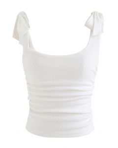 Ruched Side Tie-Bow Crop Cami Top in White
