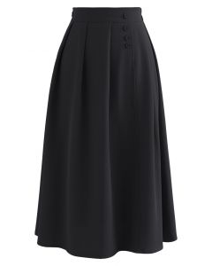 Four Buttons Decorated Pleated Skirt in Black