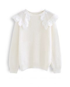 Lacy Doll Collar Fuzzy Knit Sweater in White